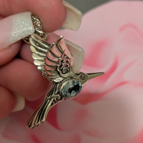 🪽🐦Sterling 3D Bali Style W/Blue Topaz Revisible Hummingbird Pendant 🐦🪽 - Picture 3 of 5